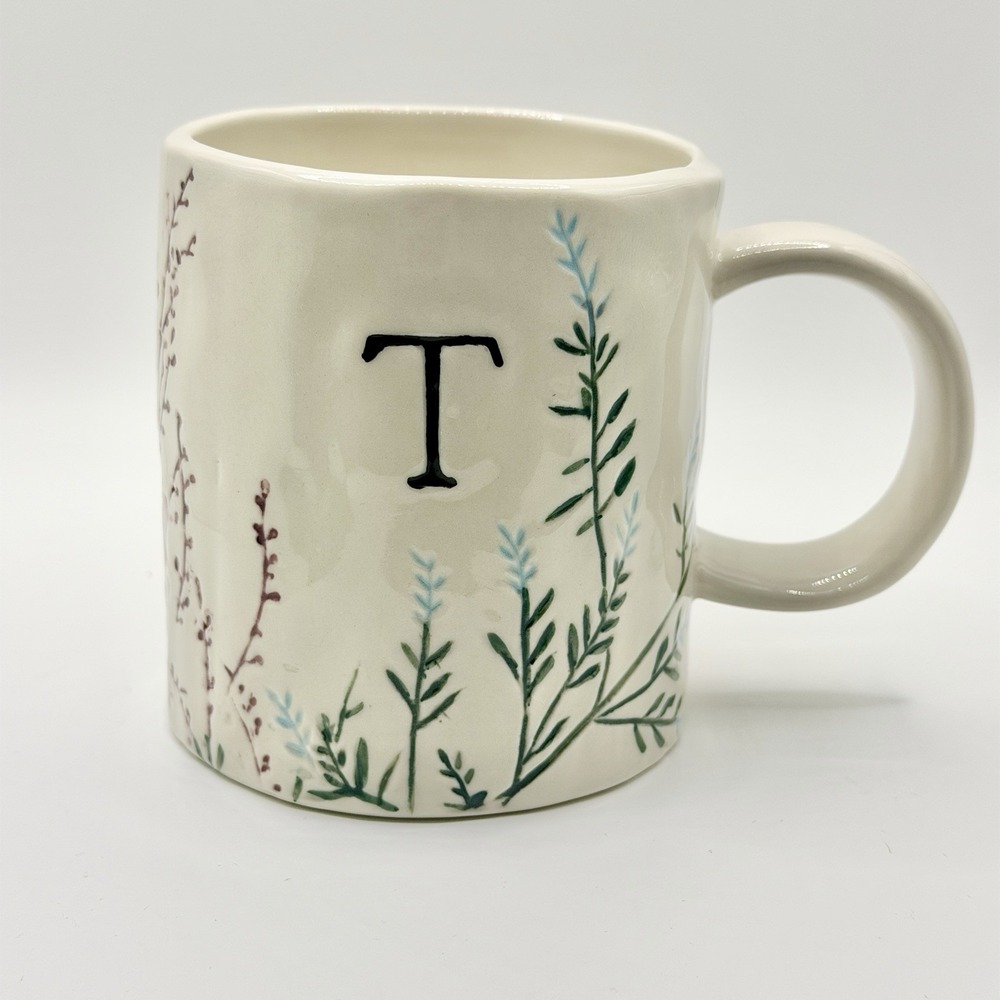 Anthropologie Dagny Impressed Floral Initial "T" Hand Crafted Mug EUC